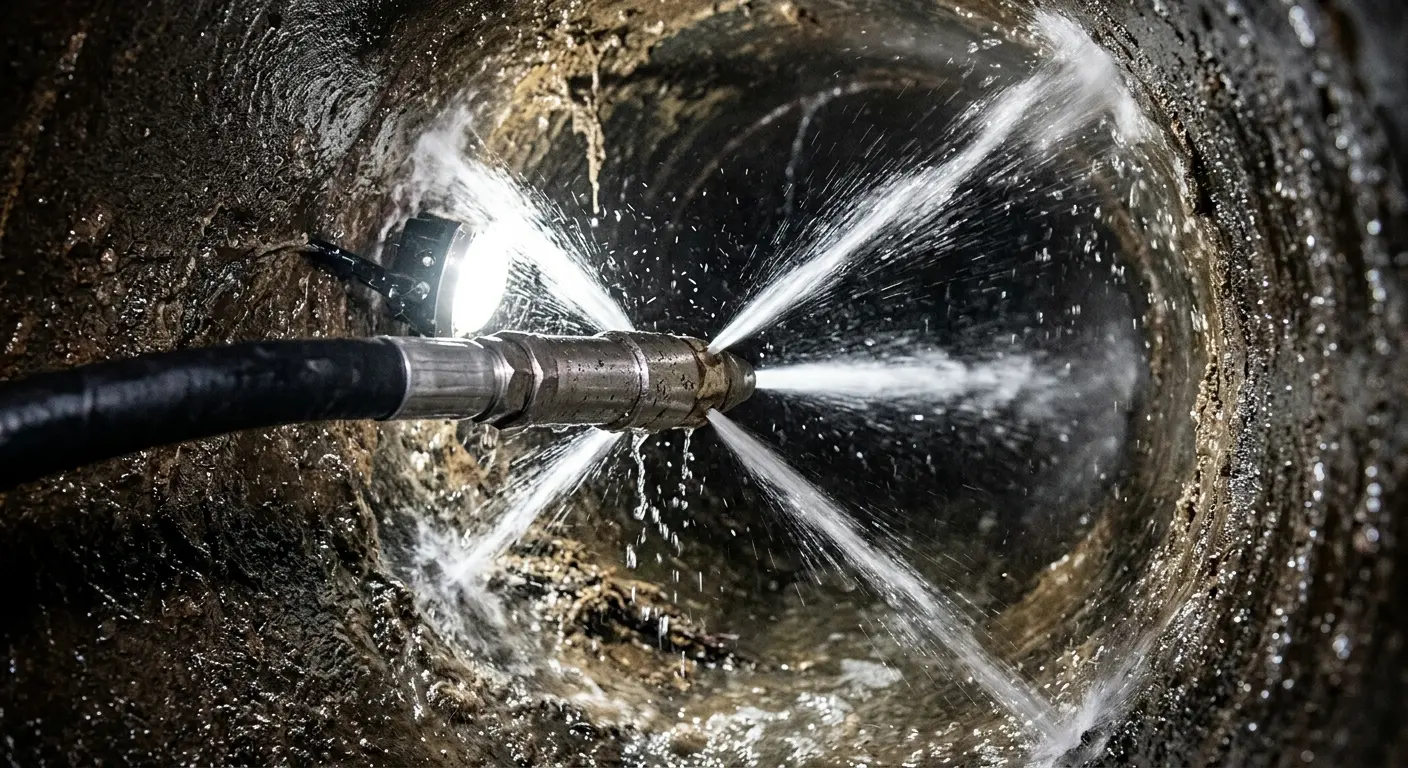 High-pressure hydro jetting nozzle cleaning sewer pipe for Trenchless Sewer Repair in Columbia